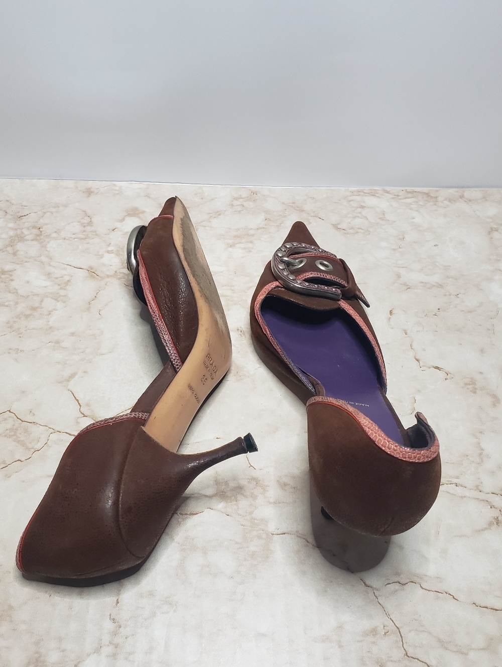 Prada Brown Pointed Kitten Heels with Pink Trim and Buckle Size 36 - Picture 5 of 8